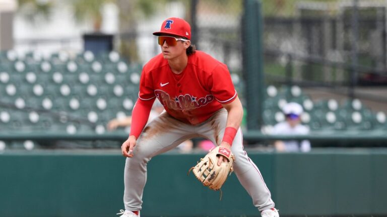 LAKELAND, FLORIDA - MARCH 16, 2024: Aidan Miller #21 of the Philadelphia Phillies in the field during the first inning of a spring training Spring Breakout game against the Detroit Tigers at Publix Field at Joker Marchant Stadium on March 16, 2024 in Lakeland, Florida. (Photo by George Kubas/Diamond Images via Getty Images)