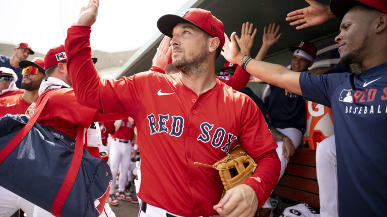 Alex Bregman of the Boston Red Sox reacts in the dugout before a Grapefruit League game against the Tampa Bay Rays at JetBlue Park at Fenway South.