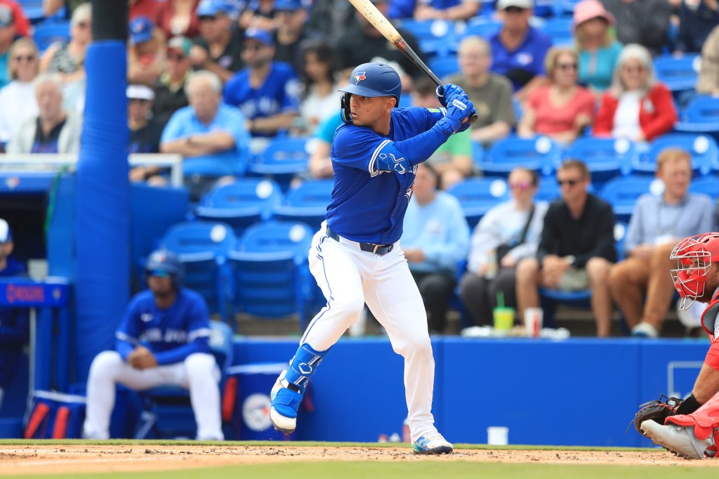 Toronto Blue Jays Infielder Andres Gimenez (0) at bat during the spring training game between the St. Louis Cardinals and the Toronto Blue Jays.