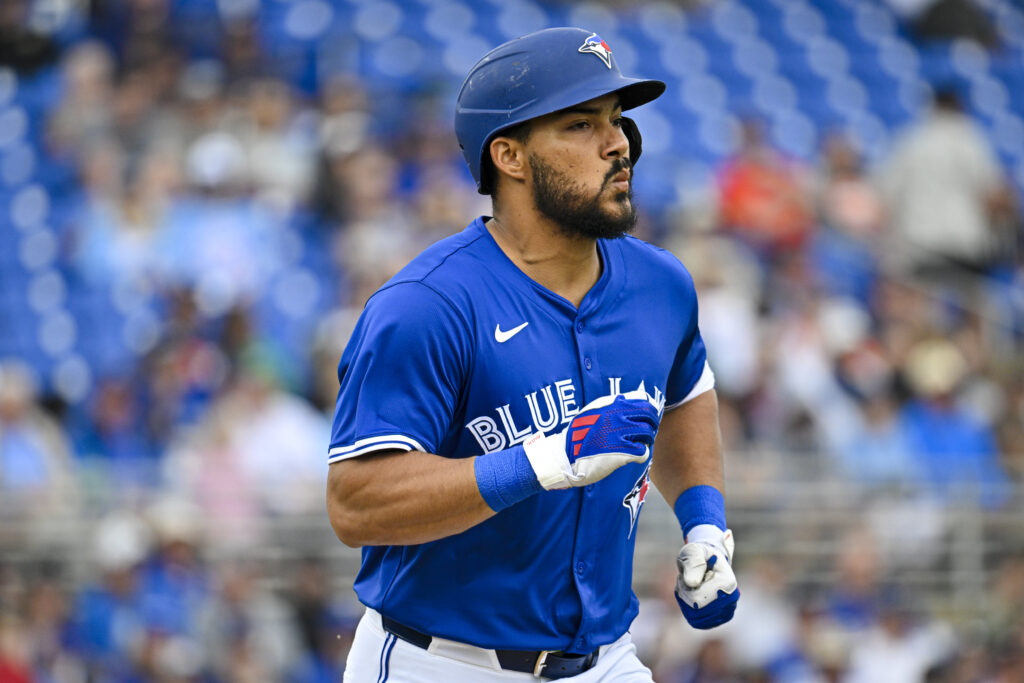 DUNEDIN, FLORIDA - MARCH 10: Anthony Santander #25 of the Toronto Blue Jays runs to first base against the Houston Astros during a Grapefruit League spring training game at TD Ballpark on March 10, 2025 in Dunedin, Florida. (Photo by Miguel Rodriguez/Getty Images)