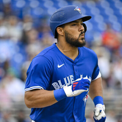 DUNEDIN, FLORIDA - MARCH 10: Anthony Santander #25 of the Toronto Blue Jays runs to first base against the Houston Astros during a Grapefruit League spring training game at TD Ballpark on March 10, 2025 in Dunedin, Florida. (Photo by Miguel Rodriguez/Getty Images)