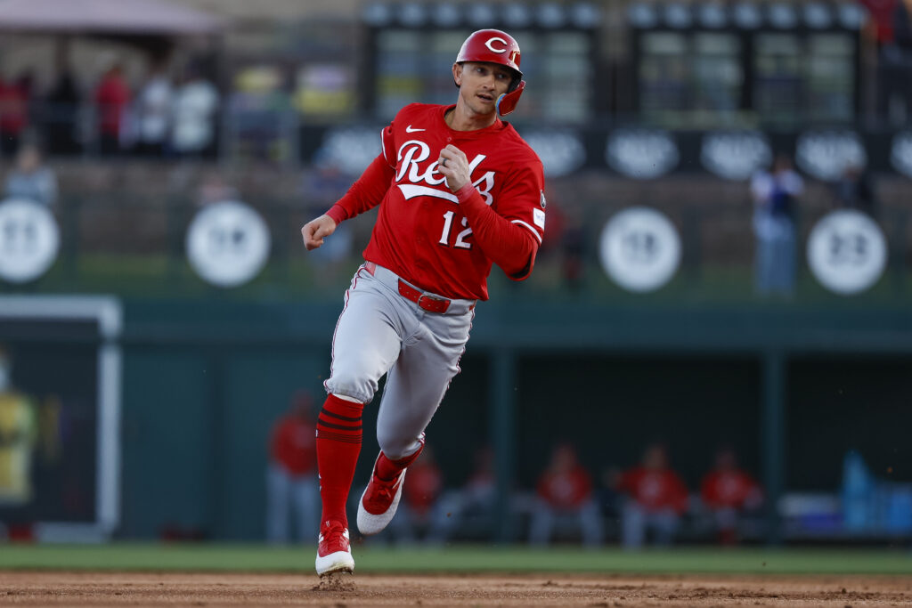 GLENDALE, ARIZONA - MARCH 4: Austin Hays #12 of the Cincinnati Reds rounds the bases in the first inning during a spring training game against the Los Angeles Dodgers at Camelback Ranch on March 4, 2025 in Glendale, Arizona. (Photo by Brandon Sloter/Getty Images)