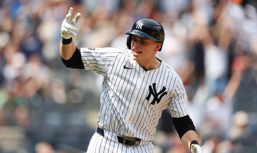 Ben Rice of the New York Yankees reacts after a three-run home run against the Boston Red Sox during the fifth inning at Yankee Stadium.