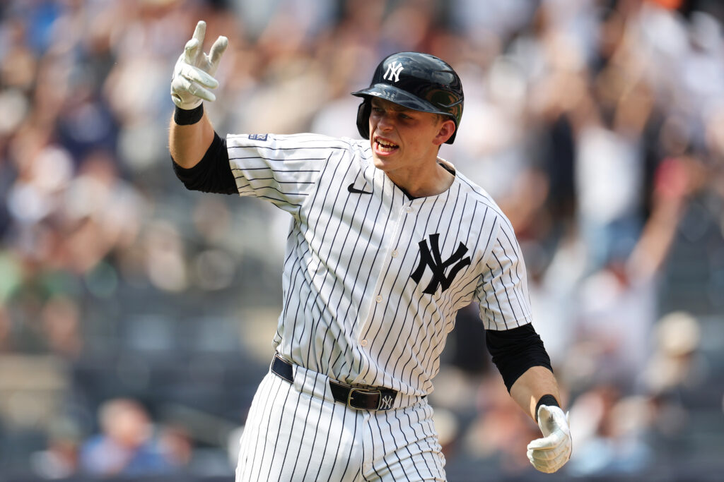 Ben Rice of the New York Yankees reacts after a three-run home run against the Boston Red Sox during the fifth inning at Yankee Stadium.