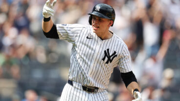 Ben Rice of the New York Yankees reacts after a three-run home run against the Boston Red Sox during the fifth inning at Yankee Stadium.