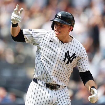 Ben Rice of the New York Yankees reacts after a three-run home run against the Boston Red Sox during the fifth inning at Yankee Stadium.