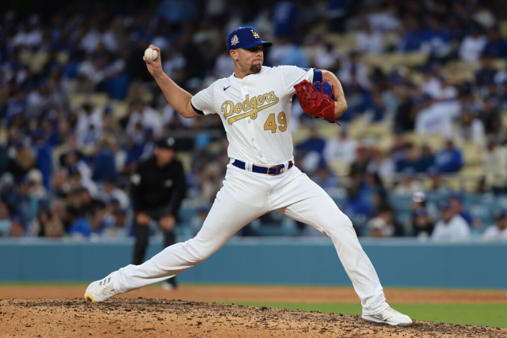 LOS ANGELES, CA - MARCH 27:   Blake Treinen #49 of the Los Angeles Dodgers pitches during the game between the Detroit Tigers and the Los Angeles Dodgers at Dodger Stadium on Thursday, March 27, 2025 in Los Angeles, California. (Photo by Katelyn Mulcahy/MLB Photos via Getty Images)