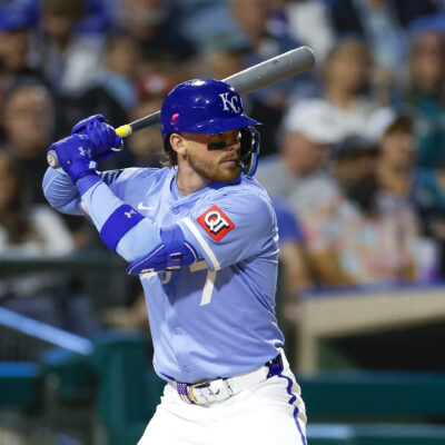 Bobby Witt Jr. #7 of the Kansas City Royals waits for a pitch in the fourth inning during a spring training game against the Seattle Mariners at Surprise Stadium.