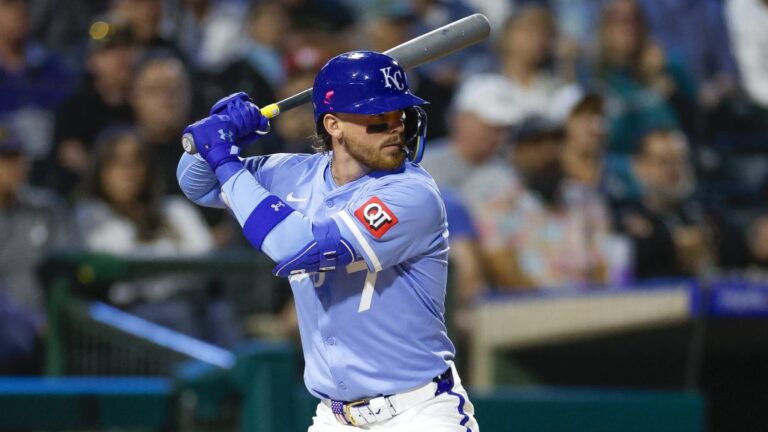 Bobby Witt Jr. of the Kansas City Royals waits for a pitch in the fourth inning during a spring training game against the Seattle Mariners at Surprise Stadium.
