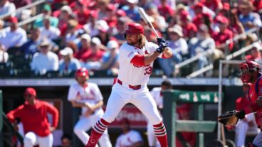 Brendan Donovan of the St. Louis Cardinals at bat during a spring training game against the Washington Nationals at Roger Dean Stadium.