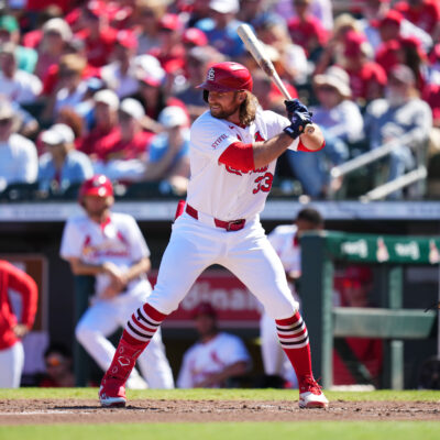 Brendan Donovan of the St. Louis Cardinals at bat during a spring training game against the Washington Nationals at Roger Dean Stadium.