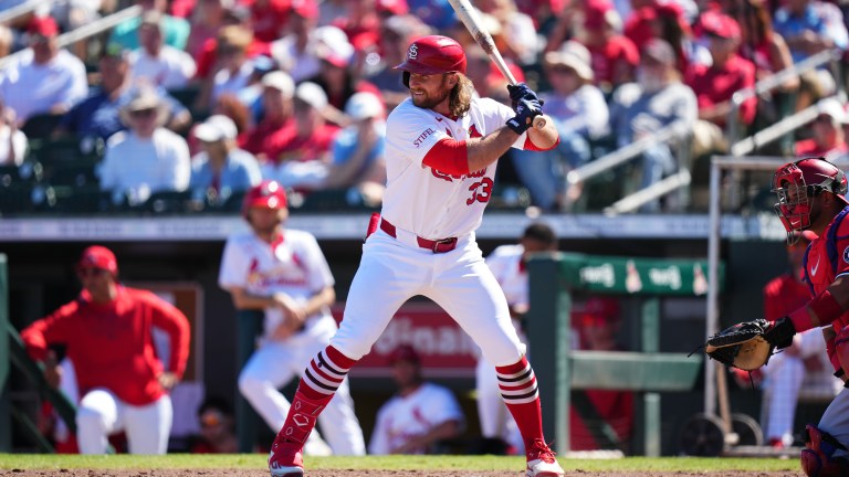 Brendan Donovan of the St. Louis Cardinals at bat during a spring training game against the Washington Nationals at Roger Dean Stadium.