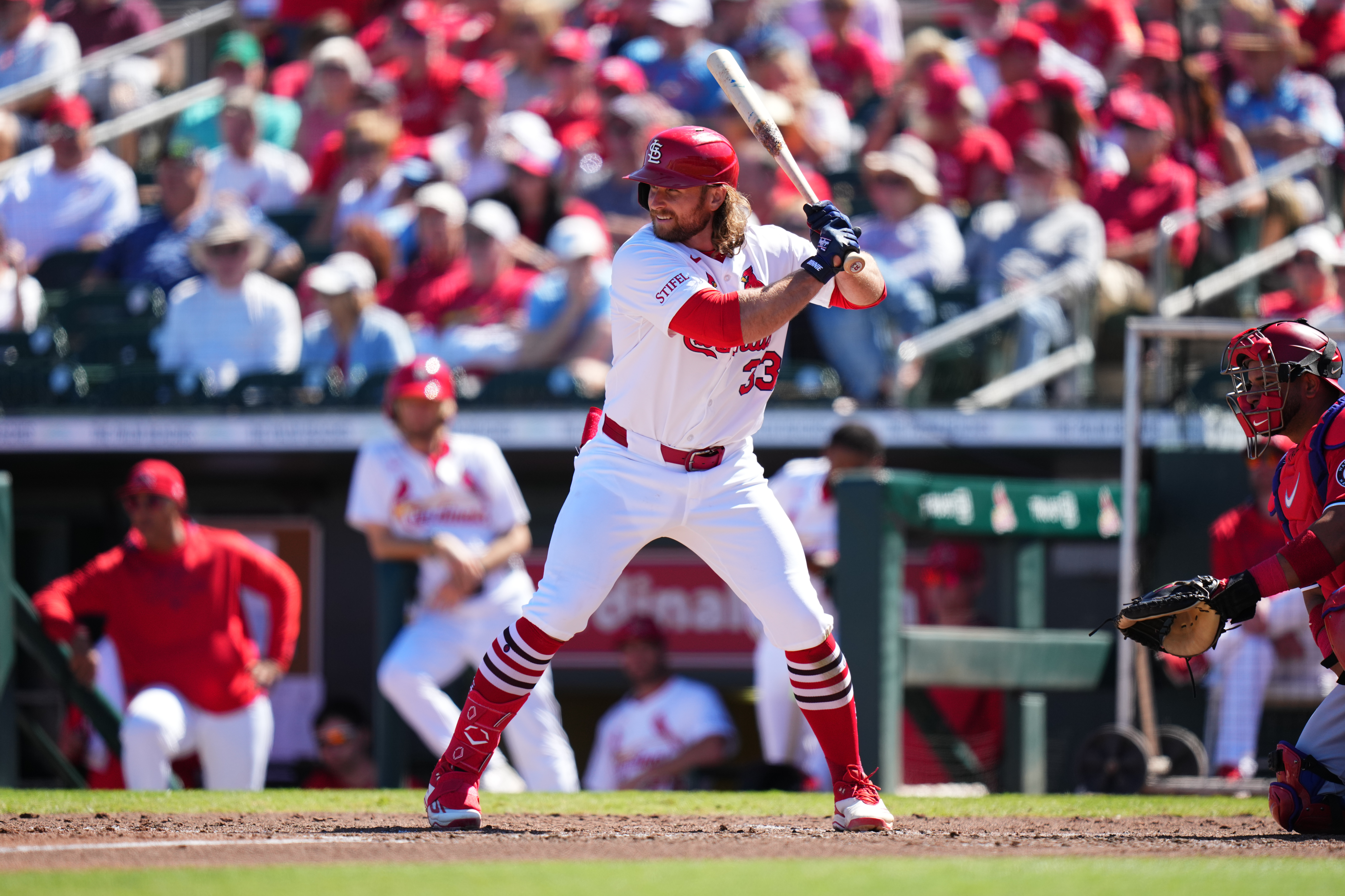 Brendan Donovan of the St. Louis Cardinals at bat during a spring training game against the Washington Nationals at Roger Dean Stadium.