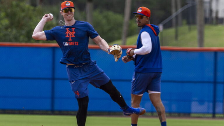 Port St. Lucie, FL: New York Mets' infielder Brett Baty during a spring training workout in Port St. Lucie, Florida on Feb. 14, 2025. (Photo by Alejandra Villa Loarca/Newsday RM via Getty Images)