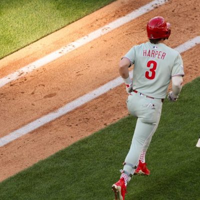 WASHINGTON, DC - MARCH 27: Bryce Harper #3 of the Philadelphia Phillies drops his bat as he rounds the bases after hitting a solo home run in the seventh inning during the game between the Philadelphia Phillies and the Washington Nationals at Nationals Park on Thursday, March 27, 2025 in Washington, District of Columbia. (Photo by Rob Tringali/MLB Photos via Getty Images)