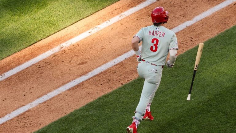 WASHINGTON, DC - MARCH 27: Bryce Harper #3 of the Philadelphia Phillies drops his bat as he rounds the bases after hitting a solo home run in the seventh inning during the game between the Philadelphia Phillies and the Washington Nationals at Nationals Park on Thursday, March 27, 2025 in Washington, District of Columbia. (Photo by Rob Tringali/MLB Photos via Getty Images)