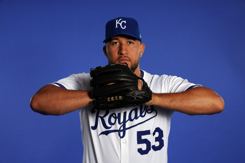 SURPRISE, ARIZONA - FEBRUARY 19:  Carlos Estévez #53 poses for a portrait during Kansas City Royals photo day at Surprise Stadium on February 19, 2025 in Surprise, Arizona.  (Photo by Jamie Squire/Getty Images)
