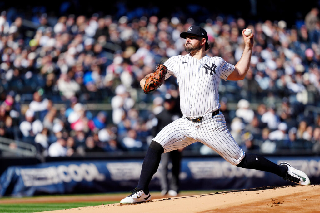 NEW YORK, NY - MARCH 27:  Carlos Rodón #55 of the New York Yankees pitches during the game between the Milwaukee Brewers and the New York Yankees at Yankee Stadium on Thursday, March 27, 2025 in New York, New York. (Photo by Mary DeCicco/MLB Photos via Getty Images)