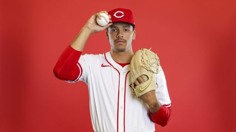 GOODYEAR, ARIZONA - FEBRUARY 18: Chase Burns of the Cincinnati Reds poses for a portrait during photo day at the Cincinnati Reds Player Development Complex on February 18, 2025 in Goodyear, Arizona. (Photo by Emilee Chinn/Getty Images)
