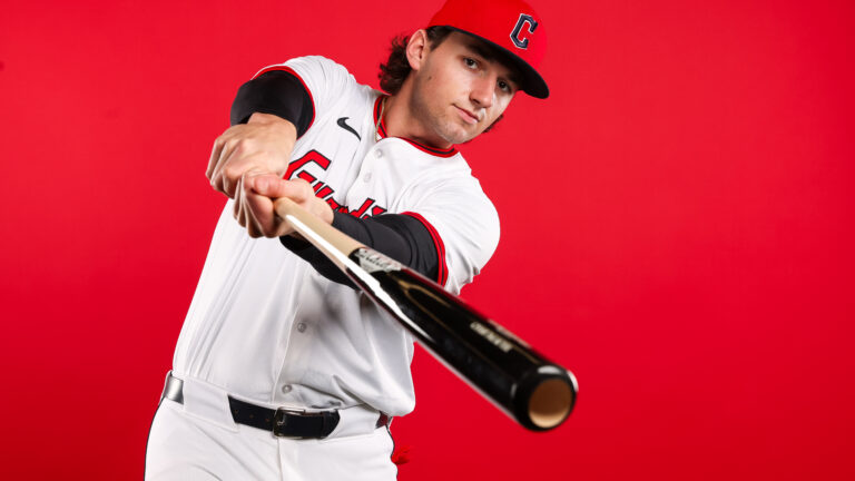 GOODYEAR, ARIZONA - FEBRUARY 20: Chase DeLauter #79 of the Cleveland Guardians poses for a portrait during Cleveland Guardians photo day at Goodyear Ballpark on February 20, 2025 in Goodyear, Arizona. (Photo by Mike Christy/Getty Images)