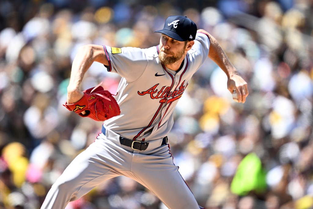 Chris Sale of the Atlanta Braves throws a pitch against the San Diego Padres in the first inning on Opening Day.