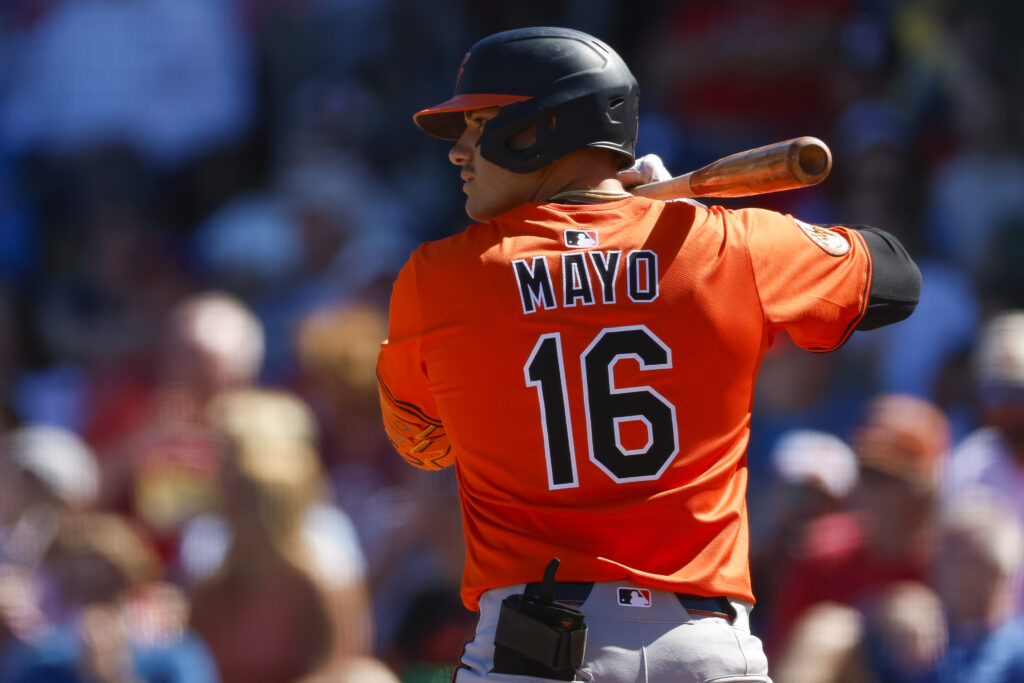 CLEARWATER, FLORIDA - MARCH 2: Coby Mayo #16 of the Baltimore Orioles waits for a pitch in the fourth inning during a spring training game against the Philadelphia Phillies at BayCare Ballpark on March 2, 2025 in Clearwater, Florida. (Photo by Brandon Sloter/Getty Images)