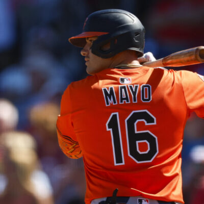 CLEARWATER, FLORIDA - MARCH 2: Coby Mayo #16 of the Baltimore Orioles waits for a pitch in the fourth inning during a spring training game against the Philadelphia Phillies at BayCare Ballpark on March 2, 2025 in Clearwater, Florida. (Photo by Brandon Sloter/Getty Images)