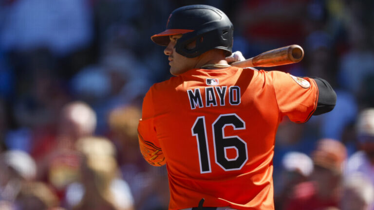 CLEARWATER, FLORIDA - MARCH 2: Coby Mayo #16 of the Baltimore Orioles waits for a pitch in the fourth inning during a spring training game against the Philadelphia Phillies at BayCare Ballpark on March 2, 2025 in Clearwater, Florida. (Photo by Brandon Sloter/Getty Images)