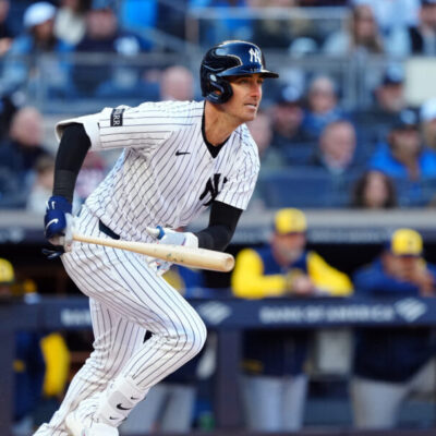 NEW YORK, NY - MARCH 27: Cody Bellinger #35 of the New York Yankees singles in the fourth inning during the game between the Milwaukee Brewers and the New York Yankees at Yankee Stadium on Thursday, March 27, 2025 in New York, New York. (Photo by Mary DeCicco/MLB Photos via Getty Images)