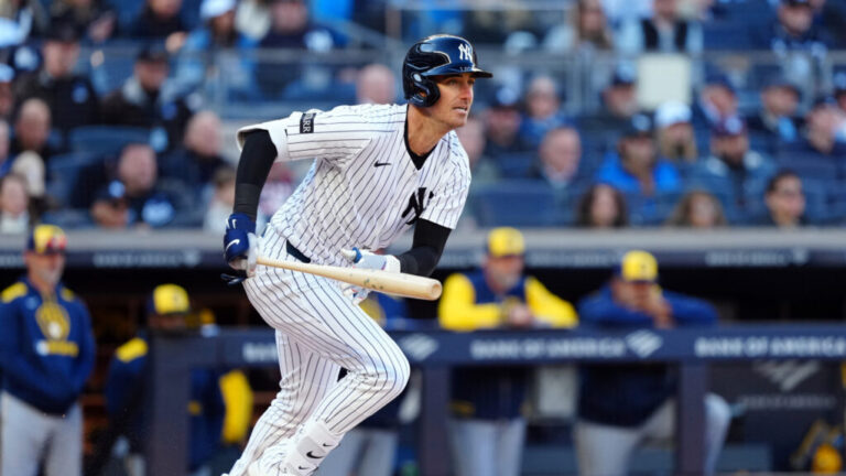 NEW YORK, NY - MARCH 27: Cody Bellinger #35 of the New York Yankees singles in the fourth inning during the game between the Milwaukee Brewers and the New York Yankees at Yankee Stadium on Thursday, March 27, 2025 in New York, New York. (Photo by Mary DeCicco/MLB Photos via Getty Images)