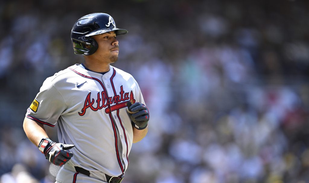 Drake Baldwin of the Atlanta Braves walks during the third inning against the San Diego Padres on Opening Day at Petco Park.