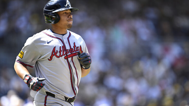 Drake Baldwin of the Atlanta Braves walks during the third inning against the San Diego Padres on Opening Day at Petco Park.