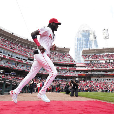 CINCINNATI, OHIO - MARCH 27: Elly De La Cruz #44 of the Cincinnati Reds takes the field prior to a game against the San Francisco Giants on Opening Day at Great American Ball Park on March 27, 2025 in Cincinnati, Ohio. (Photo by Jeff Dean/Getty Images)