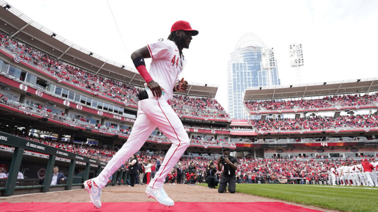 CINCINNATI, OHIO - MARCH 27: Elly De La Cruz #44 of the Cincinnati Reds takes the field prior to a game against the San Francisco Giants on Opening Day at Great American Ball Park on March 27, 2025 in Cincinnati, Ohio. (Photo by Jeff Dean/Getty Images)