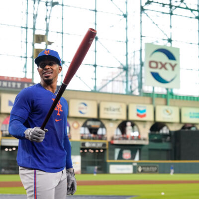 HOUSTON, TX - MARCH 27: Francisco Lindor #12 of the New York Mets prepares to take batting practice prior to the game between the New York Mets and the Houston Astros at Daikin Park on Thursday, March 27, 2025 in Houston, Texas. (Photo by Kevin M. Cox/MLB Photos via Getty Images)