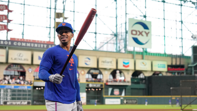 HOUSTON, TX - MARCH 27: Francisco Lindor #12 of the New York Mets prepares to take batting practice prior to the game between the New York Mets and the Houston Astros at Daikin Park on Thursday, March 27, 2025 in Houston, Texas. (Photo by Kevin M. Cox/MLB Photos via Getty Images)
