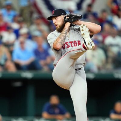 ARLINGTON, TX - MARCH 27: Garrett Crochet #35 of the Boston Red Sox pitches in the first inning during the game between the Boston Red Sox and the Texas Rangers at Globe Life Field on Thursday, March 27, 2025 in Arlington, Texas. (Photo by Cooper Neill/MLB Photos via Getty Images)