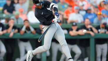 SARASOTA, FL - MARCH 15: George Lombard Jr. #55 of the New York Yankees bats in the fourth inning during the game between the New York Yankees and the Baltimore Orioles at Ed Smith Stadium on Saturday, March 15, 2025 in Sarasota, Florida. (Photo by Kelly Gavin/MLB Photos via Getty Images)
