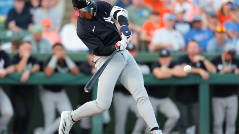 SARASOTA, FL - MARCH 15: George Lombard Jr. #55 of the New York Yankees bats in the fourth inning during the game between the New York Yankees and the Baltimore Orioles at Ed Smith Stadium on Saturday, March 15, 2025 in Sarasota, Florida. (Photo by Kelly Gavin/MLB Photos via Getty Images)
