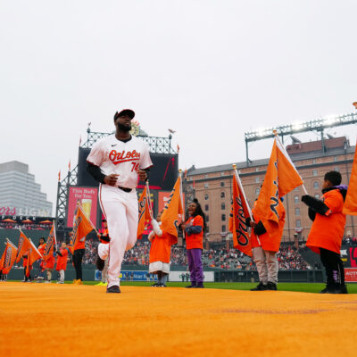 BALTIMORE, MD - MARCH 28: Félix Bautista #74 of the Baltimore Orioles takes the field during pregame ceremonies prior to the game between the Los Angeles Angels and the Baltimore Orioles at Oriole Park at Camden Yards on Thursday, March 28, 2024 in Baltimore, Maryland. (Photo by Daniel Shirey/MLB Photos via Getty Images)