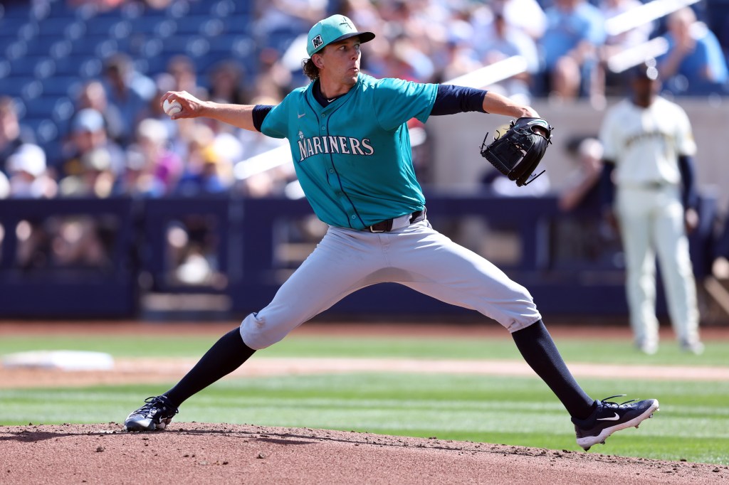 Logan Gilbert #36 of the Seattle Mariners pitches during the second inning of a spring training game against the Milwaukee Brewers at American Family Fields of Phoenix on February 24, 2025 in Phoenix, Arizona. (Photo by Chris Coduto/Getty Images)