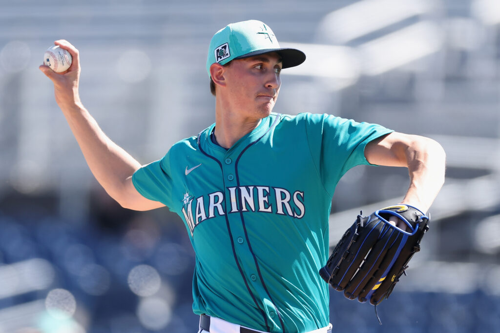 PEORIA, ARIZONA - FEBRUARY 26: Starting pitcher George Kirby #68 of the Seattle Mariners pitches against the Athletics during the first inning of the MLB game at Peoria Stadium on February 26, 2025 in Peoria, Arizona. (Photo by Christian Petersen/Getty Images)