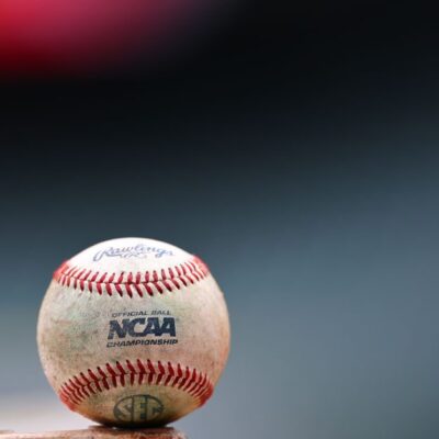 A detail of the NCAA logo on a Rawlings baseball prior to the game between the Tennessee Volunteers and the Arizona Wildcats in the Astros Foundation College Classic at Daikin Park.