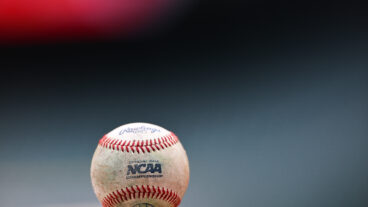 A detail of the NCAA logo on a Rawlings baseball prior to the game between the Tennessee Volunteers and the Arizona Wildcats in the Astros Foundation College Classic at Daikin Park.