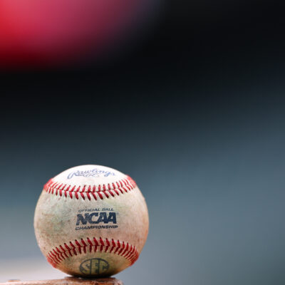 A detail of the NCAA logo on a Rawlings baseball prior to the game between the Tennessee Volunteers and the Arizona Wildcats in the Astros Foundation College Classic at Daikin Park.