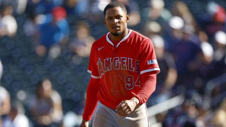 GOODYEAR, ARIZONA - MARCH 4: Christian Moore #94 of the Los Angeles Angels walks on the field in the seventh inning during a spring training game against the Cleveland Guardians at Goodyear Ballpark on March 4, 2025 in Goodyear, Arizona. (Photo by Brandon Sloter/Getty Images)