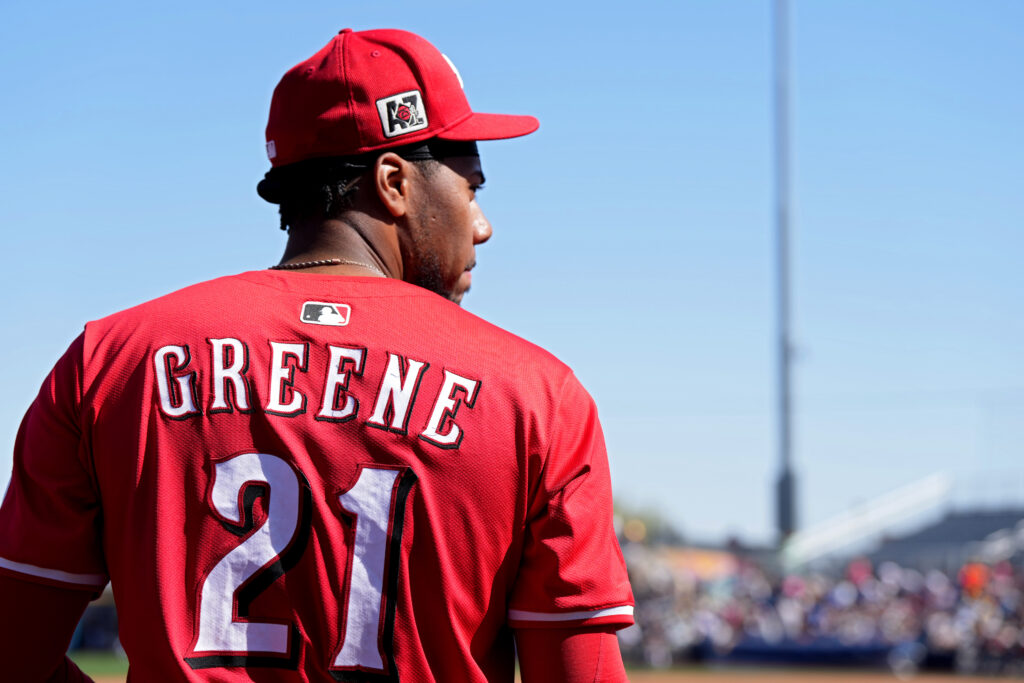 Hunter Greene #21 of the Cincinnati Reds plays during a spring training game against the San Diego Padres at Peoria Stadium on March 10, 2025 in Peoria, Arizona. (Photo by Jeff Dean/Getty Images)