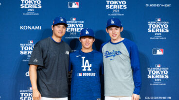 Shohei Ohtani, Yoshinobu Yamamoto and Roki Sasaki of the Los Angeles Dodgers pose during a press conference ahead of the MLB Tokyo Series at Tokyo Dome.