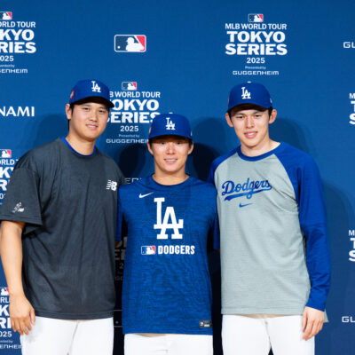 Shohei Ohtani, Yoshinobu Yamamoto and Roki Sasaki of the Los Angeles Dodgers pose during a press conference ahead of the MLB Tokyo Series at Tokyo Dome.