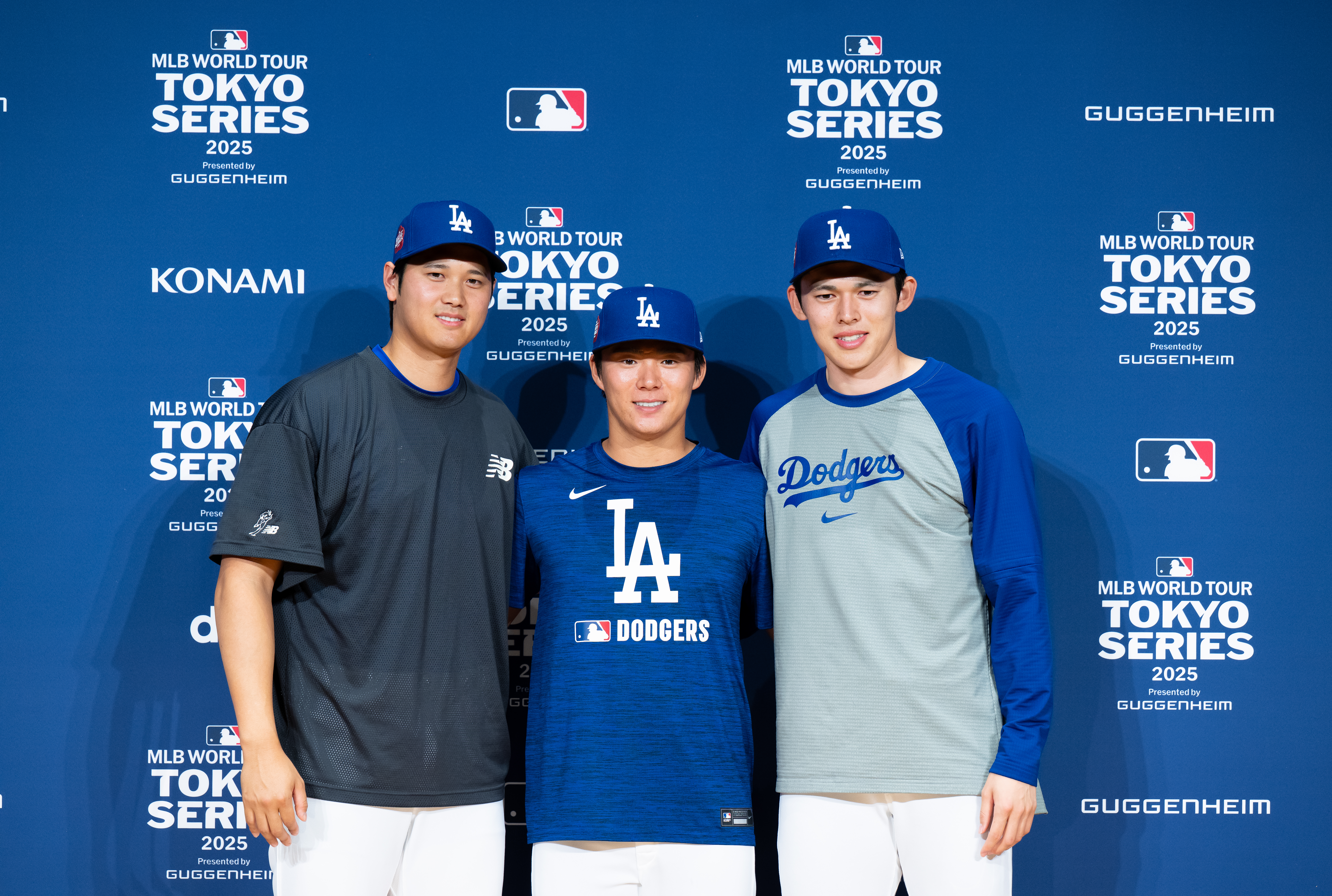 Shohei Ohtani, Yoshinobu Yamamoto and Roki Sasaki of the Los Angeles Dodgers pose during a press conference ahead of the MLB Tokyo Series at Tokyo Dome.